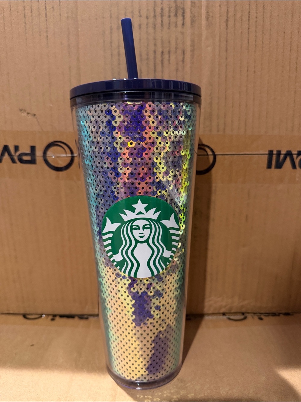Starbucks Iridescent Sequin Tumbler with Purple Lid and Straw